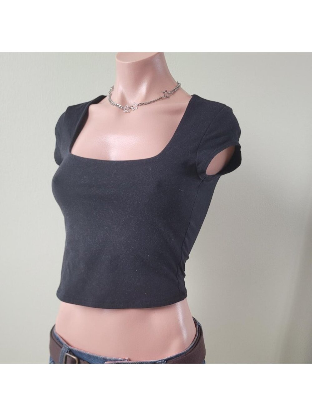 Garage Solid Black Scoop Neck Fitted Cap Sleeve Baby Tee (S)